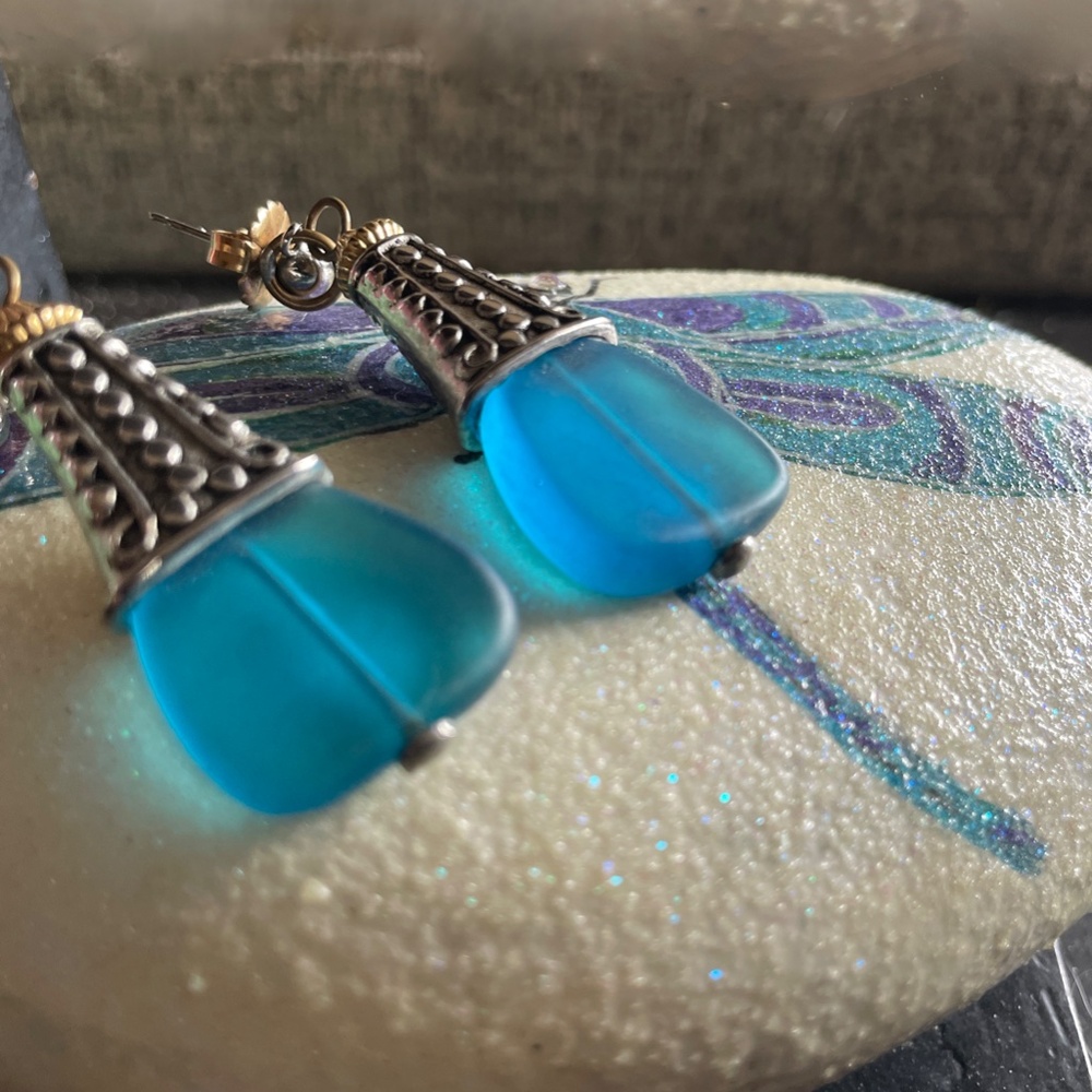 Designer Masha Archer Blue Frosted Resin Bell Earrings with Ornate Silver Caps - Picture 13 of 14
